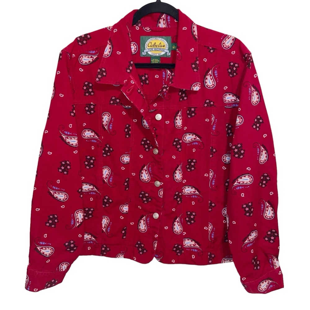 Vintage Cabelas Denim Jean Jacket Womens Large Paisley Western Cowgirl Red boho